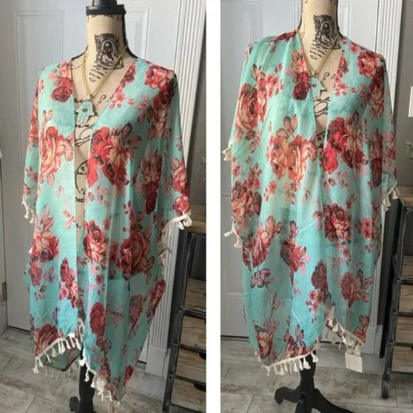 RIAH Green Kimono Floral Fringe Plus EUC 1X 2X L XL - Picture 2 of 8